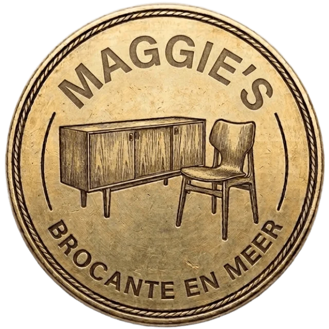 Logo van Maggie's Brocante & Meer: een munt met een vintage dressoir en stoel